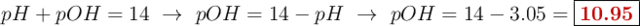 pH + pOH = 14\ \to\ pOH = 14 - pH\ \to\ pOH = 14 - 3.05 = \fbox{\color[RGB]{192,0,0}{\bf 10.95}}