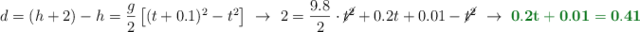 d = (h + 2) - h = \frac{g}{2}\left[(t + 0.1)^2 - t^2\right]\ \to\ 2 = \frac{9.8}{2}\cdot \cancel{t^2} + 0.2t + 0.01 - \cancel{t^2}\ \to\ \color[RGB]{2,112,20}{\bf 0.2t + 0.01 = 0.41}