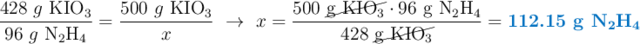 \frac{428\ g\ \ce{KIO3}}{96\ g\ \ce{N2H4}} = \frac{500\ g\ \ce{KIO3}}{x}\ \to\ x = \frac{500\ \cancel{\ce{g\ KIO3}}\cdot 96\ \ce{g\ N2H4}}{428\ \cancel{\ce{g\ KIO3}}} = \color[RGB]{0,112,192}{\textbf{112.15 g \ce{N2H4}}}