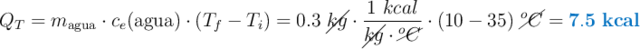 Q_T = m_{\text{agua}}\cdot c_e(\ce{agua})\cdot (T_f - T_i) = 0.3\ \cancel{kg}\cdot \frac{1\ kcal}{\cancel{kg}\cdot \cancel{^oC}}\cdot (10 - 35)\ \cancel{^oC} = \color[RGB]{0,112,192}{\bf 7.5\ kcal}