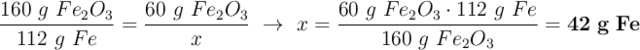 \frac{160\ g\ Fe_2O_3}{112\ g\ Fe} = \frac{60\ g\ Fe_2O_3}{x}\ \to\ x = \frac{60\ g\ Fe_2O_3\cdot 112\ g\ Fe}{160\ g\ Fe_2O_3} = \bf 42\ g\ Fe