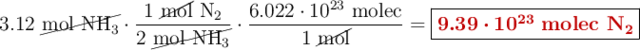 3.12\ \cancel{\ce{mol\ NH3}}\cdot \frac{1\ \cancel{\text{mol}}\ \ce{N2}}{2\ \cancel{\ce{mol\ NH3}}}\cdot \frac{6.022\cdot 10^{23}\ \text{molec}}{1\ \cancel{\text{mol}}} = \fbox{\color[RGB]{192,0,0}{\bm{9.39\cdot 10^{23}}\ \textbf{molec \ce{N2}}}}