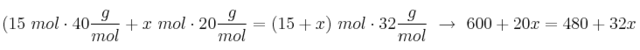 (15\ mol\cdot 40\frac{g}{mol} + x\ mol\cdot 20\frac{g}{mol} = (15 + x)\  mol\cdot 32\frac{g}{mol}\ \to\ 600 + 20x = 480 + 32x