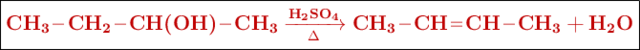 \fbox{\color[RGB]{192,0,0}{\textbf{\ce{CH3-CH2-CH(OH)-CH3 ->[\ce{H2SO4}][\Delta] CH3-CH=CH-CH3 + H2O}}}}