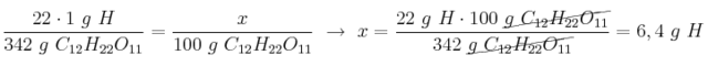\frac{22\cdot 1\ g\ H}{342\ g\ C_{12}H_{22}O_{11}} = \frac{x}{100\ g\ C_{12}H_{22}O_{11}}\ \to\ x = \frac{22\ g\ H\cdot 100\ \cancel{g\ C_{12}H_{22}O_{11}}}{342\ \cancel{g\ C_{12}H_{22}O_{11}}} = 6,4\ g\ H