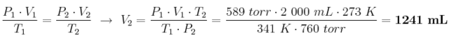 \frac{P_1\cdot V_1}{T_1} = \frac{P_2\cdot V_2}{T_2}\ \to\ V_2 = \frac{P_1\cdot V_1\cdot T_2}{T_1\cdot P_2} = \frac{589\ torr\cdot 2\ 000\ mL\cdot 273\ K}{341\ K\cdot 760\ torr} = \bf 1241\ mL