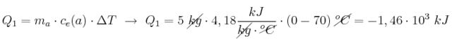 Q_1 = m_a\cdot c_e(a)\cdot \Delta T\ \to\ Q_1 = 5\ \cancel{kg}\cdot 4,18\frac{kJ}{\cancel{kg}\cdot \cancel{^oC}}\cdot (0 - 70)\ \cancel{^oC} = -1,46\cdot 10^3\ kJ