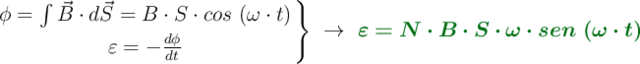 \left \phi = \int \vec{B}\cdot d\vec{S} = B\cdot S\cdot cos\ (\omega\cdot t) \atop \varepsilon = -\frac{d\phi}{dt} \right \}\ \to\ \color[RGB]{2,112,20}{\bm{\varepsilon = N\cdot B\cdot S\cdot \omega\cdot sen\ (\omega\cdot t)}}