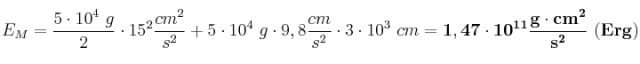 E_M = \frac{5\cdot 10^4\ g}{2}\cdot 15^2\frac{cm^2}{s^2} + 5\cdot 10^4\ g\cdot 9,8\frac{cm}{s^2}\cdot 3\cdot 10^3\ cm = \bf 1,47\cdot 10^{11}\frac{g\cdot cm^2}{s^2}\ (Erg)