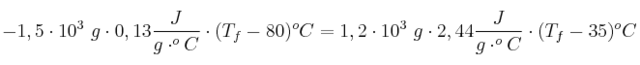 -1,5\cdot 10^3\ g\cdot 0,13\frac{J}{g\cdot ^oC}\cdot (T_f - 80)^oC = 1,2\cdot 10^3\ g\cdot 2,44\frac{J}{g\cdot ^oC}\cdot (T_f - 35)^oC