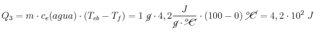 Q_3 = m\cdot c_e(agua)\cdot (T_{eb} - T_f) = 1\ \cancel{g}\cdot 4,2\frac{J}{\cancel{g}\cdot \cancel{^oC}}\cdot (100 - 0)\ \cancel{^oC} = 4,2\cdot 10^2\ J