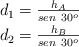 \left d_1 = \frac{h_A}{sen\ 30^o} \atop d_2 = \frac{h_B}{sen\ 30^o}\right