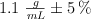 1.1\ \textstyle{g\over mL}\pm 5\ \%