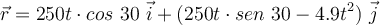 \vec{r} = 250t\cdot cos\ 30\ \vec{i} + (250t\cdot sen\ 30 - 4.9t^2)\ \vec{j}