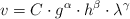 v = C\cdot g^{\alpha}\cdot h^{\beta}\cdot \lambda^{\gamma}