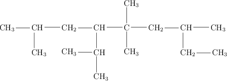 \chemfig{CH_3-CH(-[6]CH_3)-CH_2-CH(-[6]CH(-[4]CH_3)(-[6]CH_3))-C(-[2]CH_3)(-[6]CH_3)-CH_2-CH(-[6]CH_2-CH_3)-CH_3}